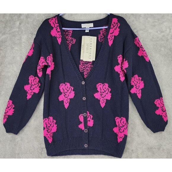 Cambridge Spirit Sweaters - Cambridge Spirit Sweater Womens Small Blue Pink Rose Button Up Vintage Cardigan